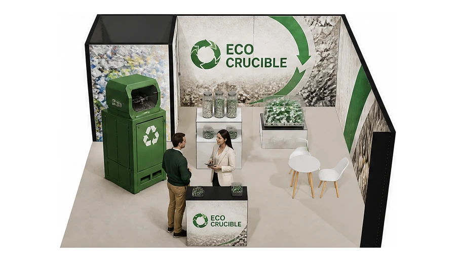 Stoisko 6 × 6 m narożne prawe dla branży recykling i ochrona środowiska, przykładowa marka Eco Crucible