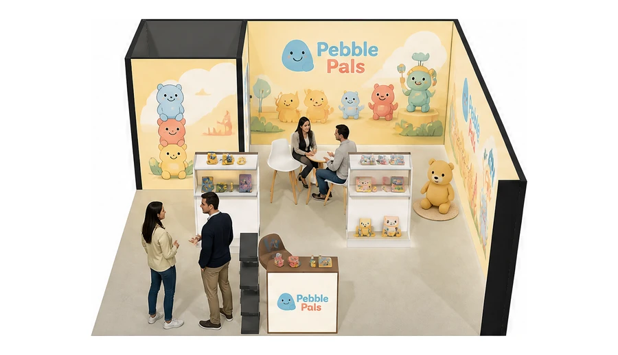 Stoisko 6 × 6 m narożne prawe dla branży zabawki i artykuły dziecięce, przykładowa marka Pebble Pals