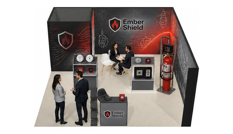 Stoisko 6 × 6 m narożne prawe dla branży ochrona przeciwpożarowa, przykładowa marka Ember Shield