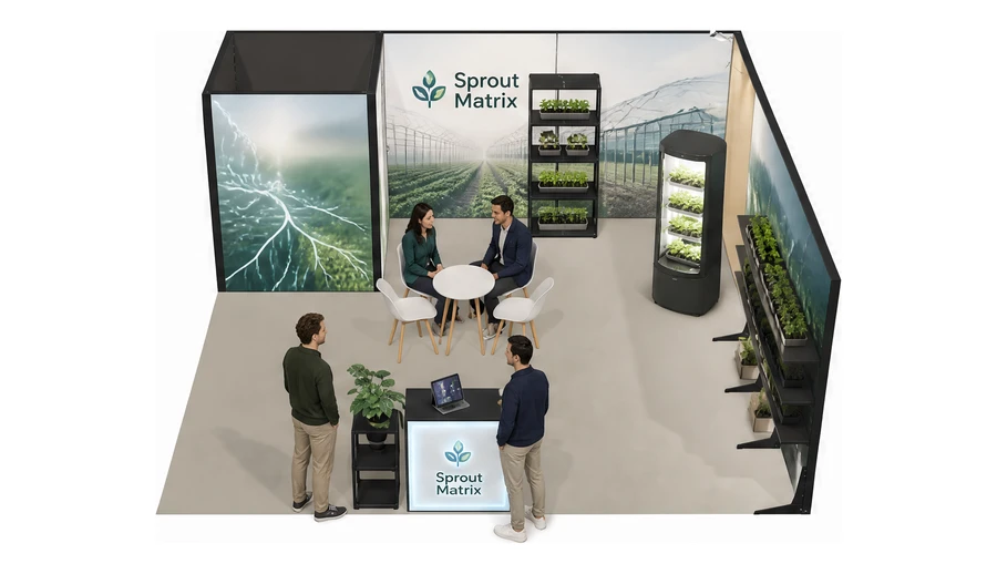 Stoisko 6 × 6 m narożne prawe dla branży sadownictwo i warzywnictwo, przykładowa marka Sprout Matrix
