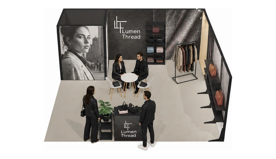 Stoisko 6 × 6 m narożne prawe dla branży odzież i moda, przykładowa marka Lumen Thread