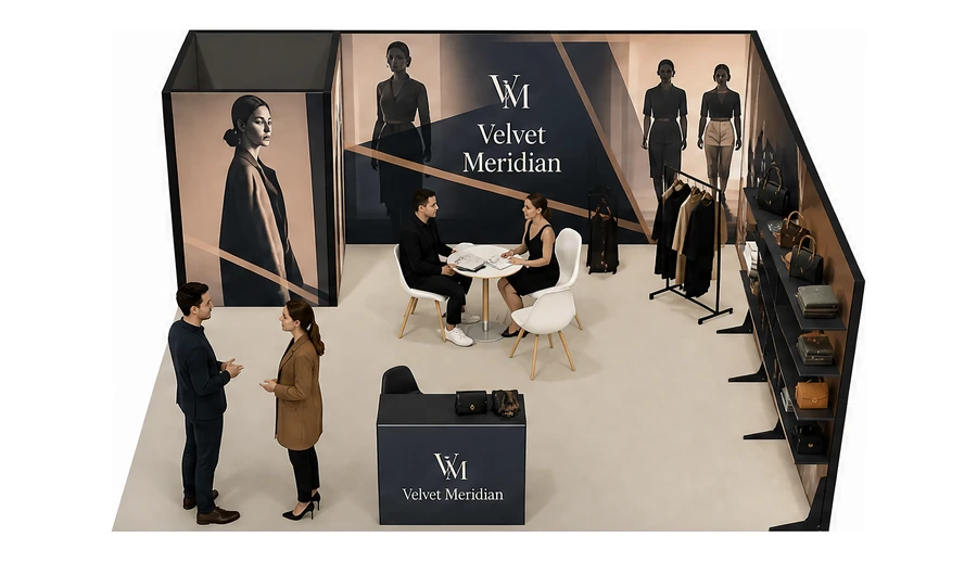 Stoisko 6 × 6 m narożne prawe dla branży odzież i moda, przykładowa marka Velvet Meridian