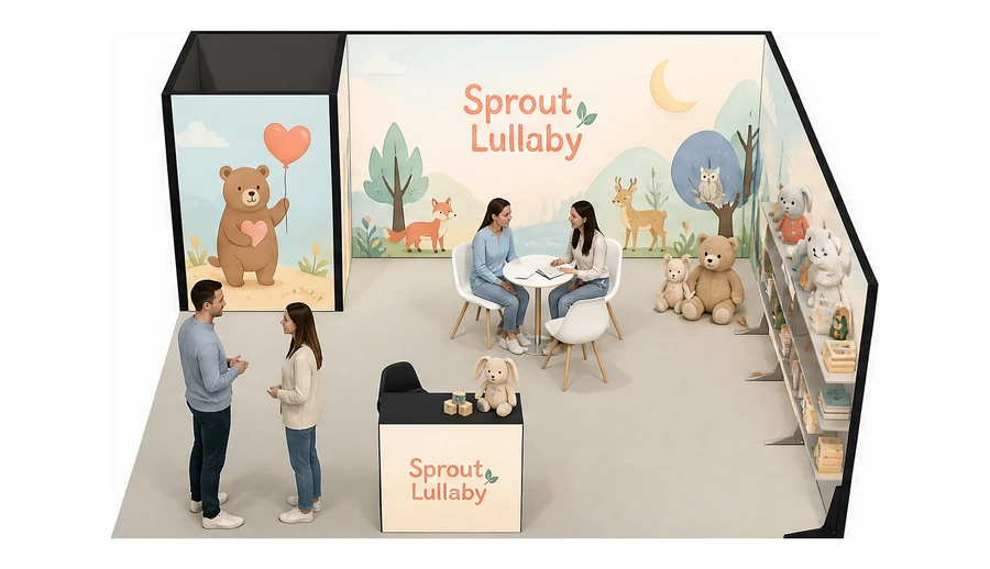 Stoisko 6 × 6 m narożne prawe dla branży zabawki i artykuły dziecięce, przykładowa marka Sprout Lullaby