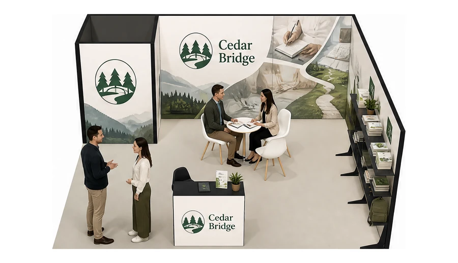 Stoisko 6 × 6 m narożne prawe dla branży edukacja i szkolenia, przykładowa marka Cedar Bridge
