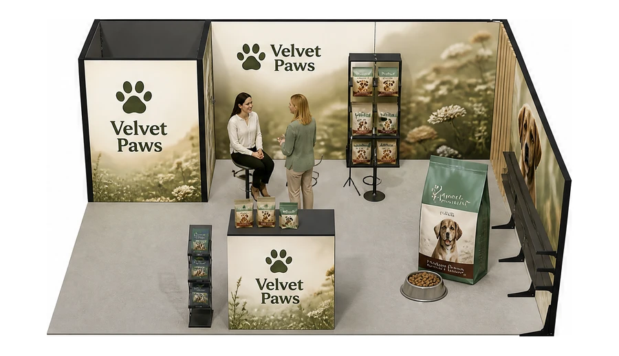 Stoisko 6 × 6 m narożne prawe dla branży karma dla zwierząt, przykładowa marka Velvet Paws