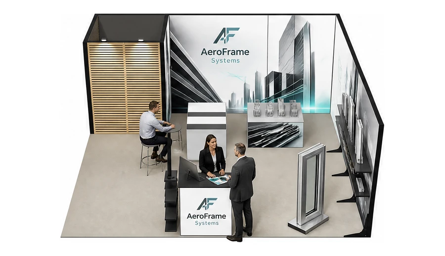Stoisko 6 × 6 m narożne prawe dla branży profile aluminiowe, przykładowa marka AeroFrame Systems