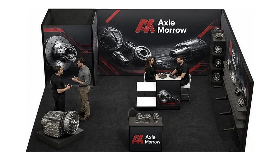Stoisko 6 × 6 m narożne prawe dla branży części motoryzacyjne, przykładowa marka Axle Morrow