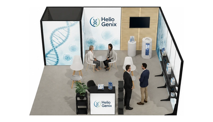 Stoisko 6 × 6 m narożne prawe dla branży farmacja i biotechnologia, przykładowa marka Helio Genix