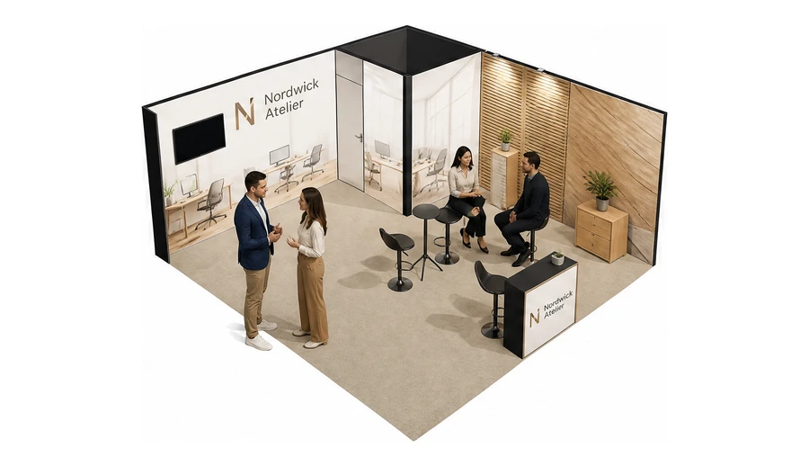 Stoisko 6 × 6 m narożne prawe dla branży meble biurowe, przykładowa marka Nordwick Atelier