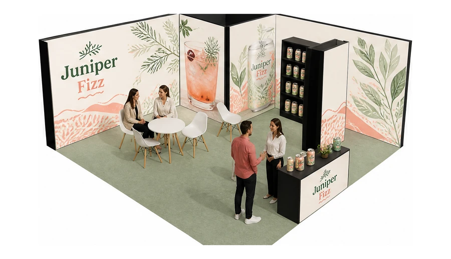 Stoisko 6 × 6 m narożne prawe dla branży napoje, przykładowa marka Juniper Fizz