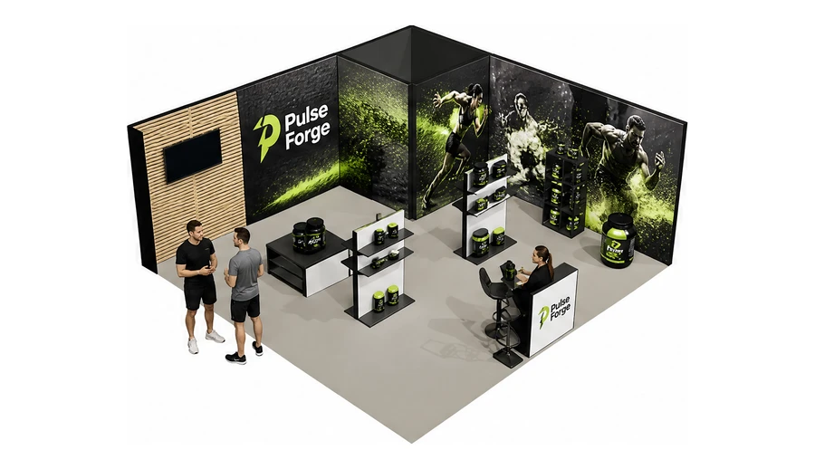 Stoisko 6 × 6 m narożne prawe dla branży suplementy diety, przykładowa marka Pulse Forge