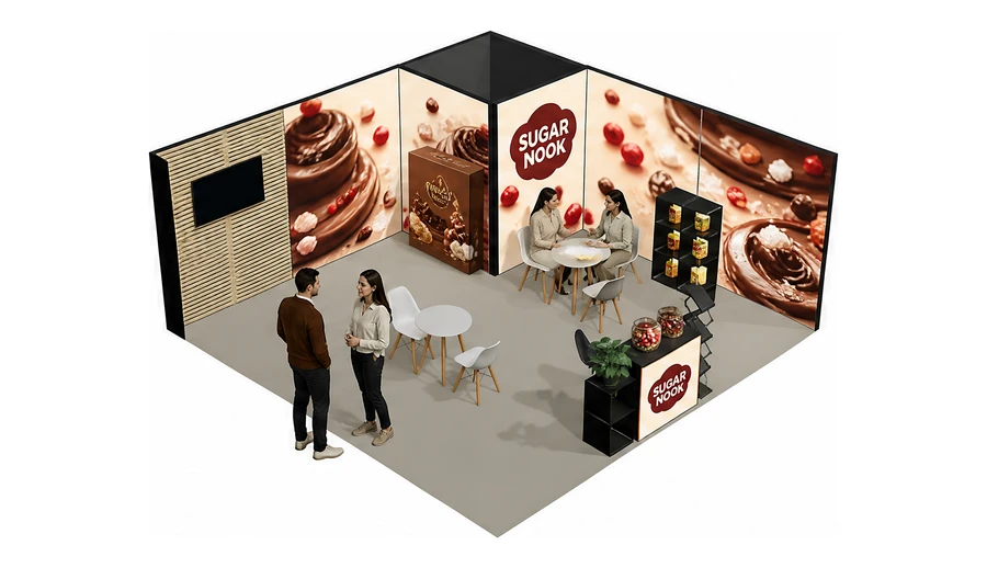 Stoisko 6 × 6 m narożne prawe dla branży słodycze i przekąski, przykładowa marka Sugar Nook