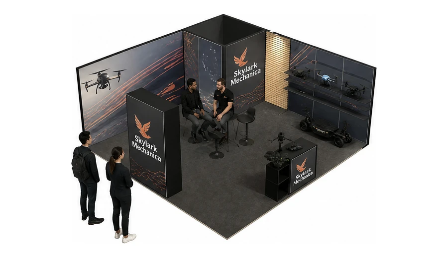 Stoisko 6 × 6 m narożne prawe dla branży drony i robotyka, przykładowa marka Skylark Mechanica