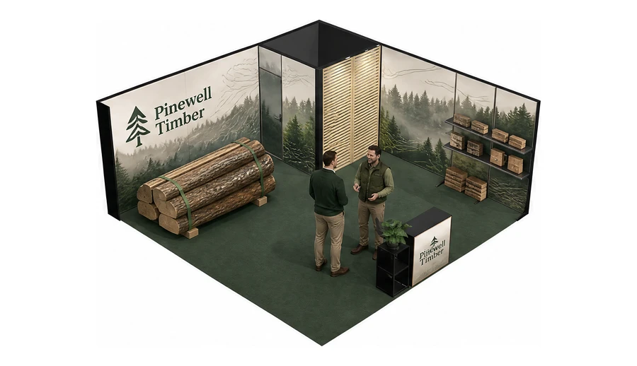 Stoisko 6 × 6 m narożne prawe dla branży leśnictwo i przemysł drzewny, przykładowa marka Pinewell Timber