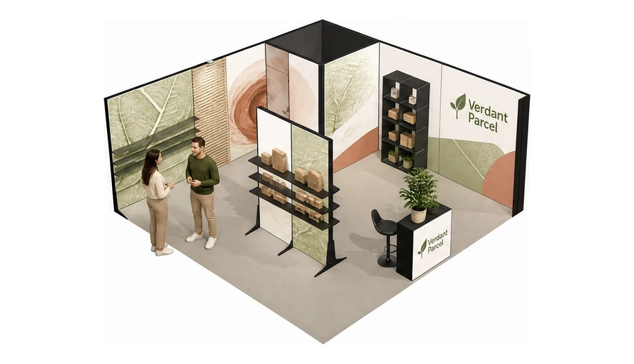 Stoisko 6 × 6 m narożne prawe dla branży opakowania ekologiczne, przykładowa marka Verdant Parcel