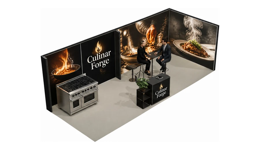 Stoisko 8 × 3 m narożne prawe dla branży wyposażenie gastronomii, przykładowa marka Culinar Forge
