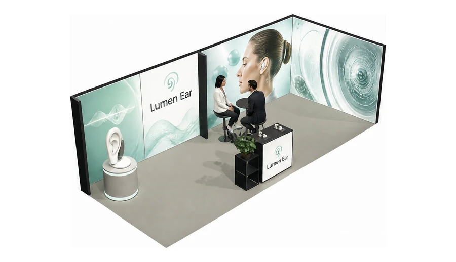 Stoisko 8 × 3 m narożne prawe dla branży optyka i audiologia, przykładowa marka Lumen Ear