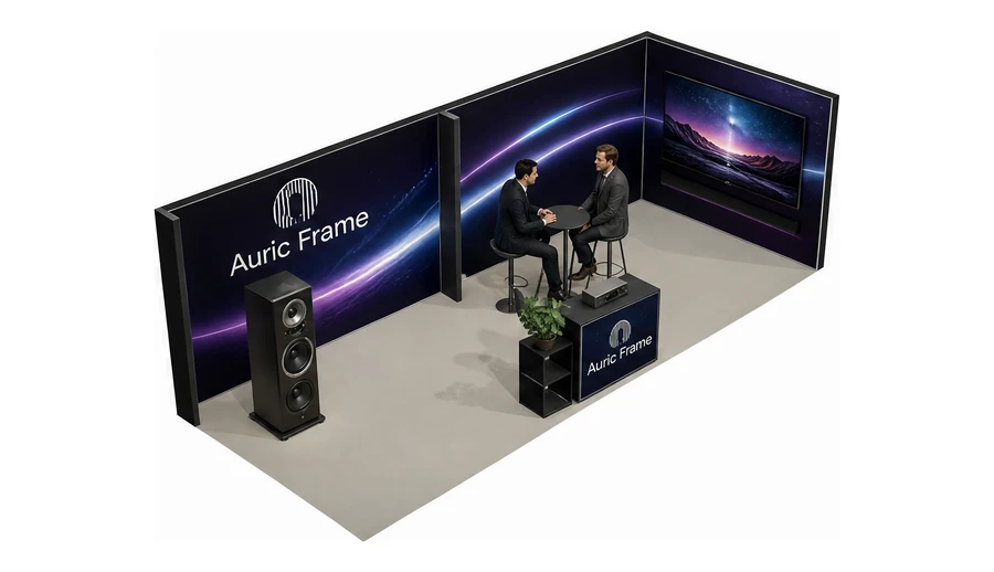 Stoisko 8 × 3 m narożne prawe dla branży sprzęt audio-video, przykładowa marka Auric Frame