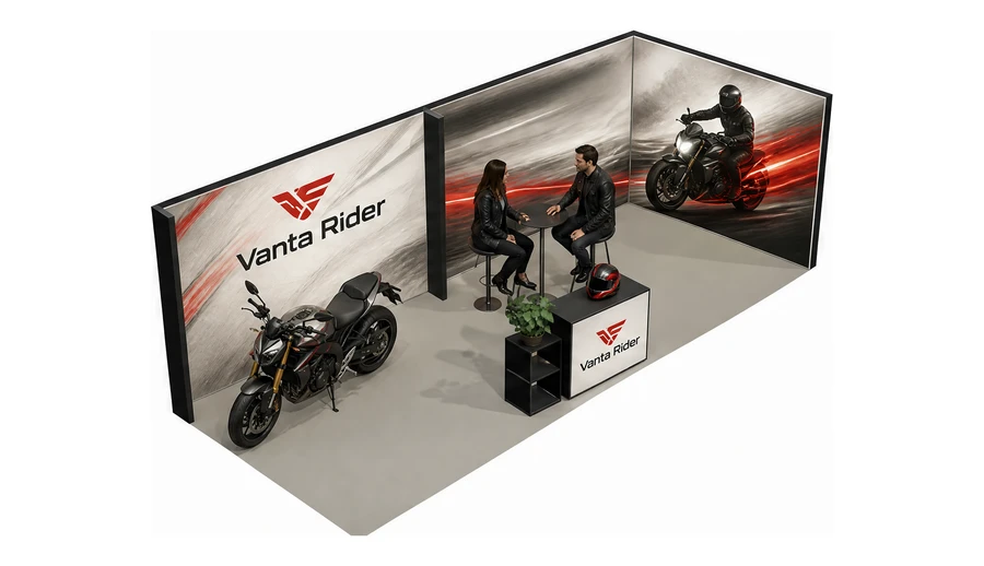 Stoisko 8 × 3 m narożne prawe dla branży motocykle i skutery, przykładowa marka Vanta Rider