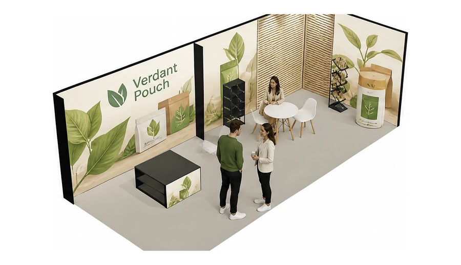 Stoisko 8 × 3 m narożne prawe dla branży opakowania ekologiczne, przykładowa marka Verdant Pouch