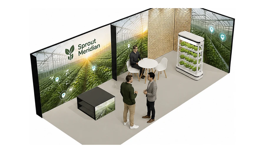 Stoisko 8 × 3 m narożne prawe dla branży sadownictwo i warzywnictwo, przykładowa marka Sprout Meridian