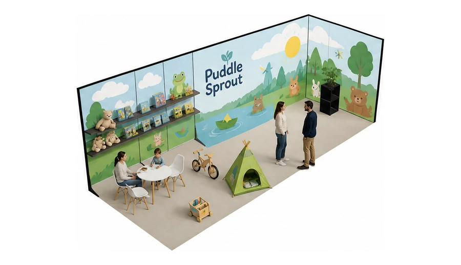 Stoisko 8 × 3 m narożne prawe dla branży zabawki i artykuły dziecięce, przykładowa marka Puddle Sprout