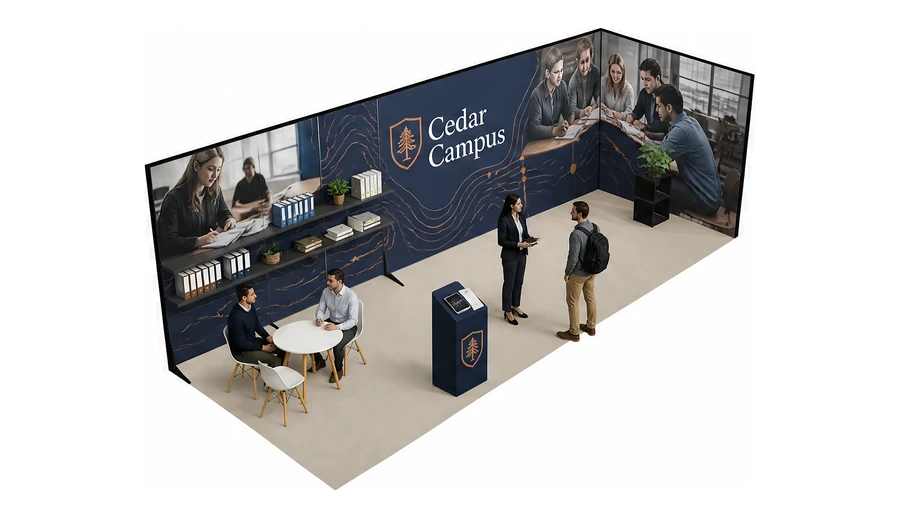 Stoisko 8 × 3 m narożne prawe dla branży edukacja i szkolenia, przykładowa marka Cedar Campus