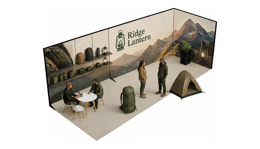 Stoisko 8 × 3 m narożne prawe dla branży odzież i sprzęt outdoorowy, przykładowa marka Ridge Lantern