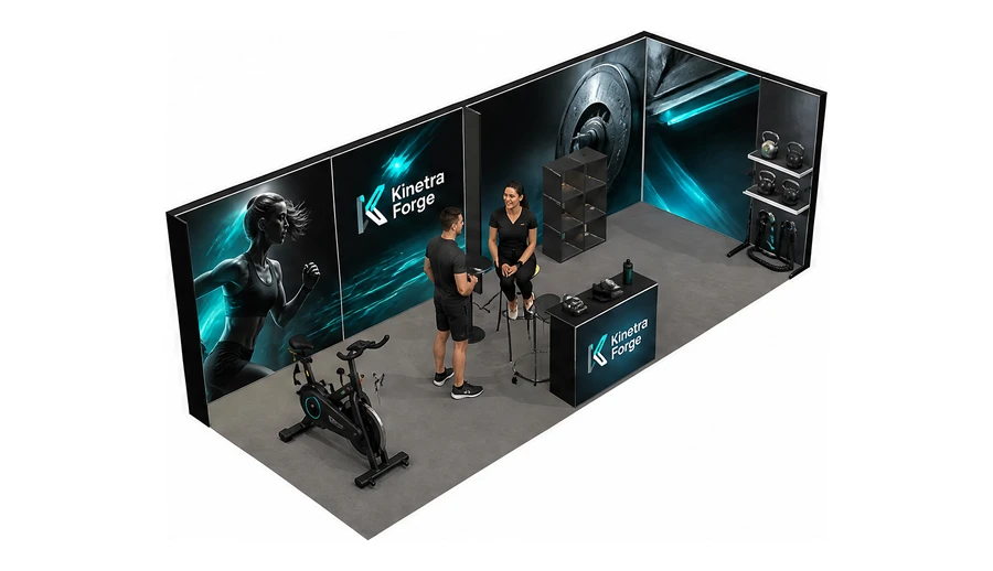 Stoisko 8 × 3 m narożne prawe dla branży fitness i siłownie, przykładowa marka Kinetra Forge