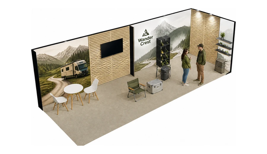Stoisko 8 × 3 m narożne prawe dla branży caravaning i kampery, przykładowa marka Wander Crest