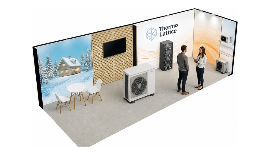 Stoisko 8 × 3 m narożne prawe dla branży pompy ciepła i ogrzewanie, przykładowa marka Thermo Lattice