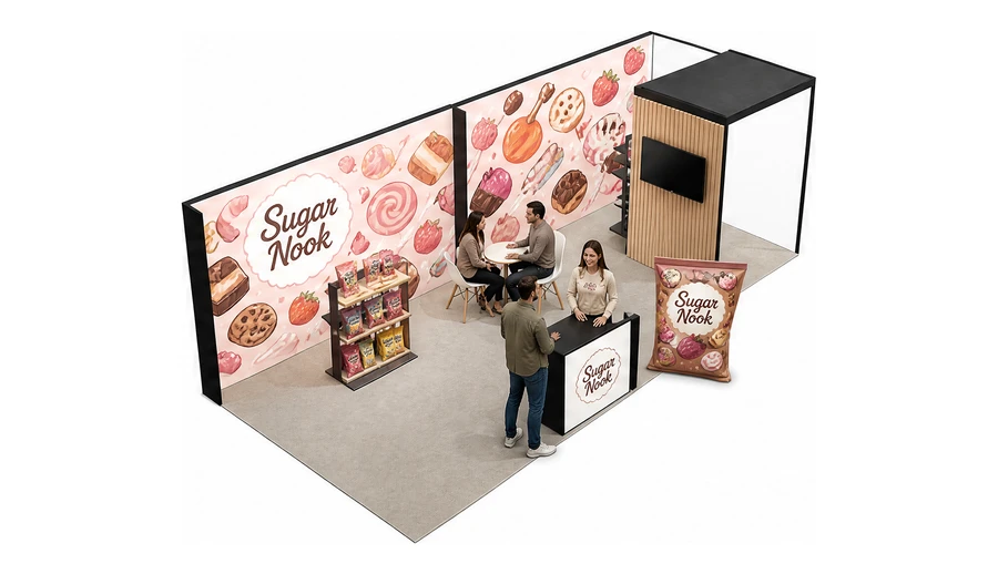 Stoisko 8 × 3 m narożne prawe dla branży słodycze i przekąski, przykładowa marka Sugar Nook