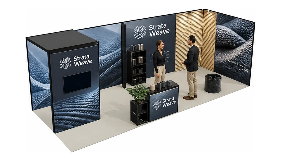 Stoisko 8 × 3 m narożne prawe dla branży materiały kompozytowe, przykładowa marka Strata Weave