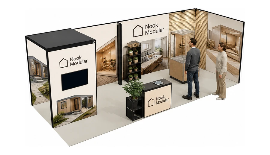Stoisko 8 × 3 m narożne prawe dla branży domy modułowe i prefabrykacja, przykładowa marka Nook Modular