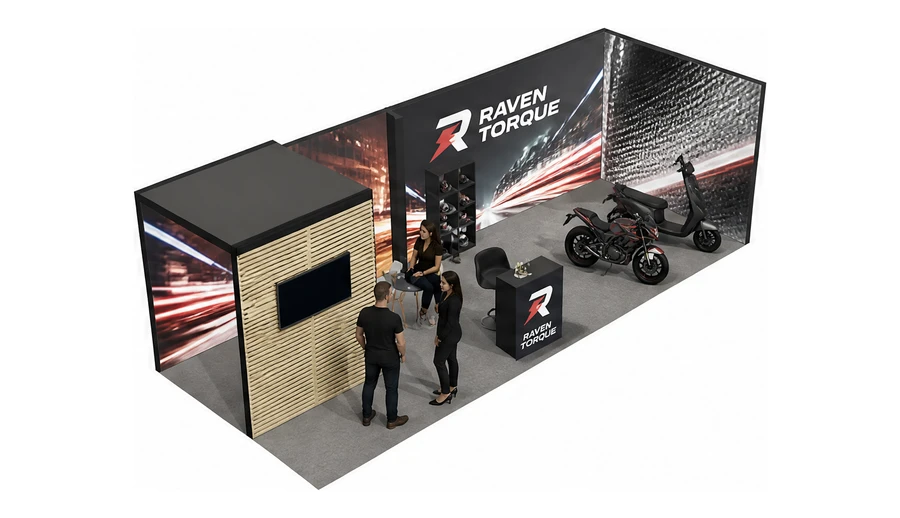 Stoisko 8 × 3 m narożne prawe dla branży motocykle i skutery, przykładowa marka Raven Torque