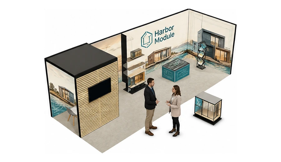 Stoisko 8 × 3 m narożne prawe dla branży domy modułowe i prefabrykacja, przykładowa marka Harbor Module