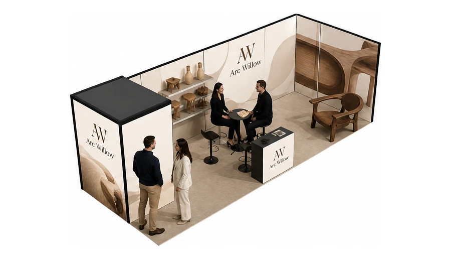 Stoisko 8 × 3 m narożne prawe dla branży meble designerskie, przykładowa marka Arc Willow