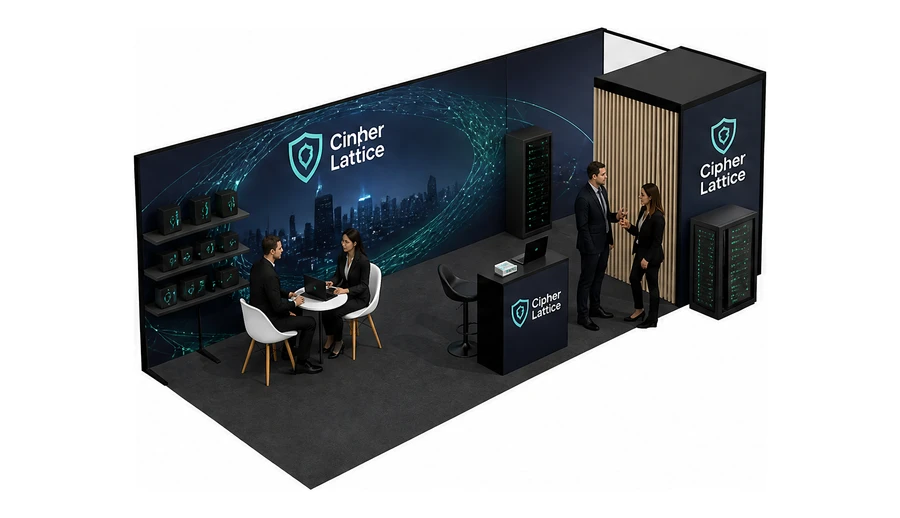 Stoisko 8 × 3 m narożne prawe dla branży cyberbezpieczeństwo, przykładowa marka Cipher Lattice