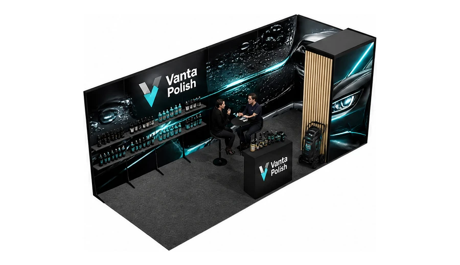 Stoisko 8 × 3 m narożne prawe dla branży tuning i detailing, przykładowa marka Vanta Polish