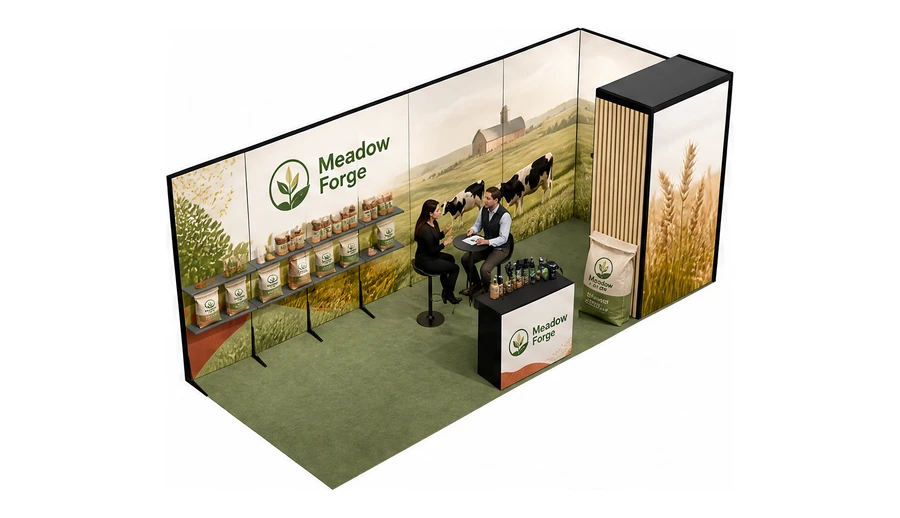 Stoisko 8 × 3 m narożne prawe dla branży hodowla i pasze, przykładowa marka Meadow Forge