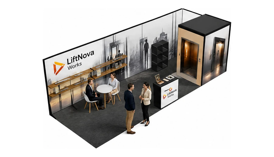 Stoisko 8 × 3 m narożne prawe dla branży dźwigi i windy, przykładowa marka LiftNova Works