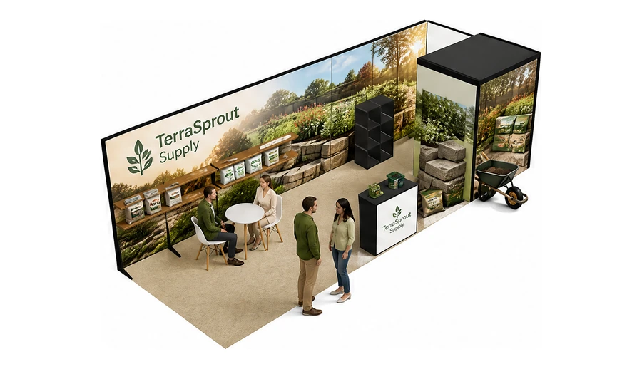 Stoisko 8 × 3 m narożne prawe dla branży ogród i architektura krajobrazu, przykładowa marka TerraSprout Supply