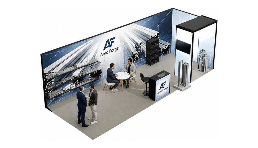 Stoisko 8 × 3 m narożne prawe dla branży profile aluminiowe, przykładowa marka Aero Forge