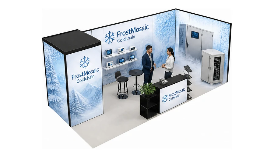 Stoisko 8 × 3 m narożne prawe dla branży łańcuch chłodniczy, przykładowa marka FrostMosaic Coldchain