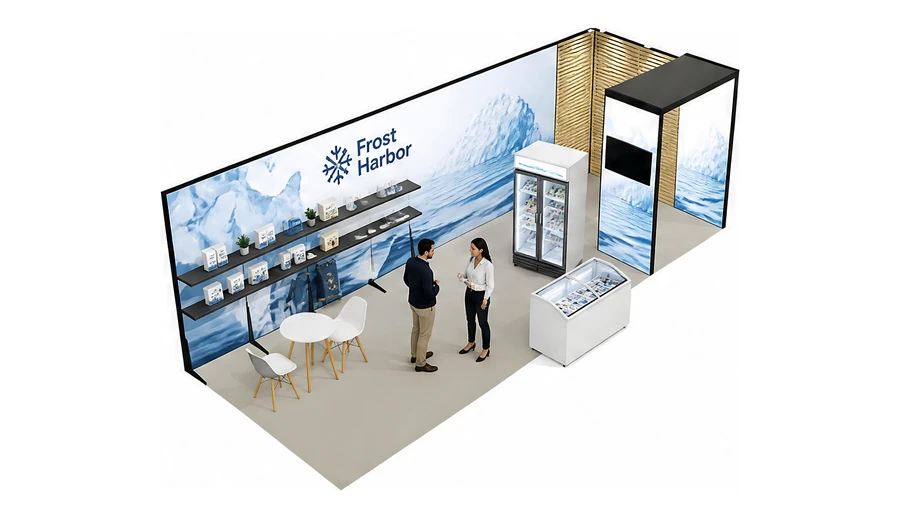 Stoisko 8 × 3 m narożne prawe dla branży łańcuch chłodniczy, przykładowa marka Frost Harbor