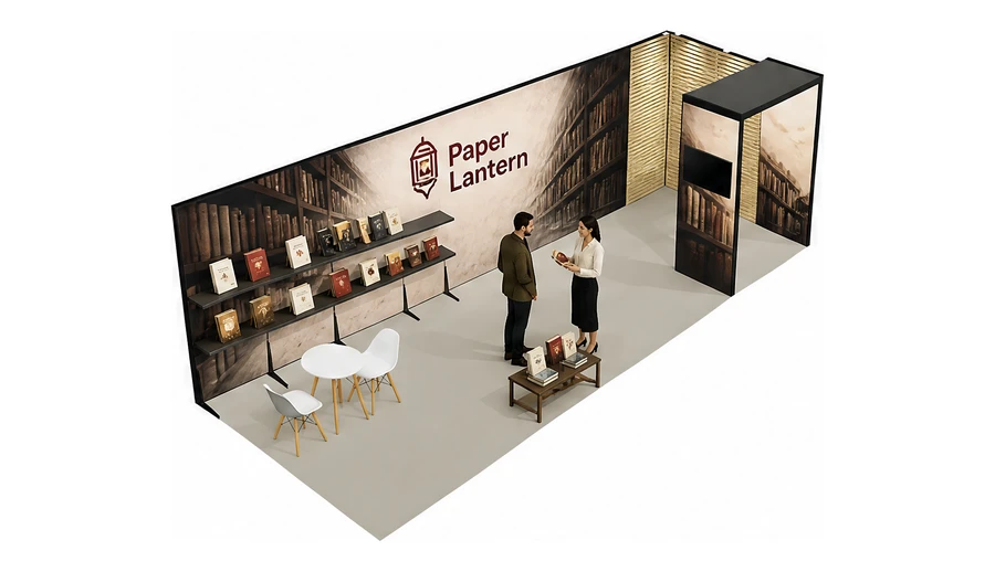 Stoisko 8 × 3 m narożne prawe dla branży wydawnictwa, przykładowa marka Paper Lantern
