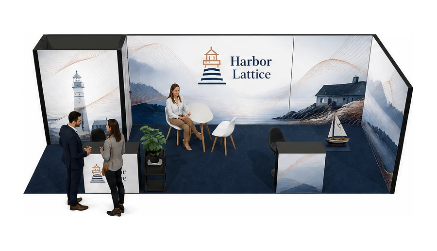 Stoisko 8 × 3 m narożne prawe dla branży ubezpieczenia, przykładowa marka Harbor Lattice