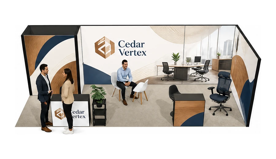 Stoisko 8 × 3 m narożne prawe dla branży meble biurowe, przykładowa marka Cedar Vertex