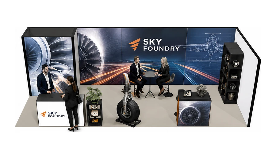 Stoisko 8 × 3 m narożne prawe dla branży lotnictwo, przykładowa marka Sky Foundry