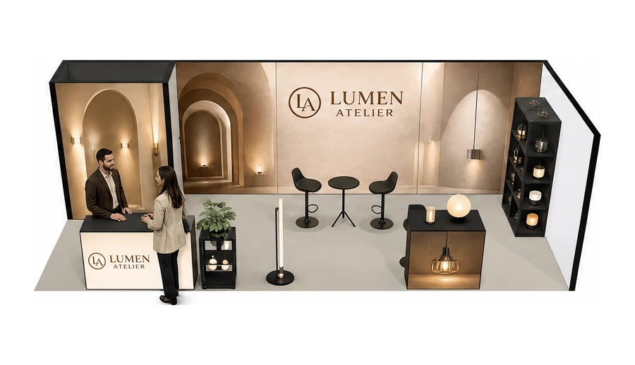 Stoisko 8 × 3 m narożne prawe dla branży oświetlenie, przykładowa marka Lumen Atelier